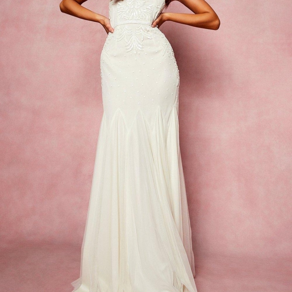 Bridesmaid/Bridal Hand Embellished Halter Maxi Wedding Dress in Ivory
